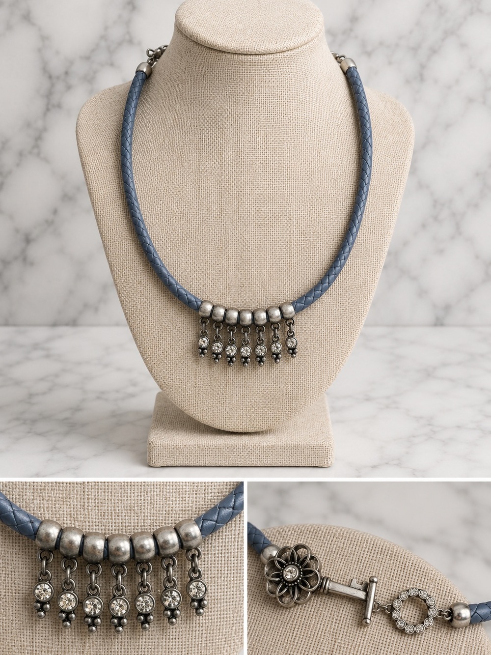 Premier Designs Necklace|Blue Braided Cord|Silver Tone Rhinestone Fringe|NWOT